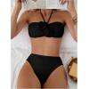 imageSHENHE Womens 2 Piece Halter Swimsuit 3D Flower Appliques Bandeau Tummy Control Bikini SetBlack