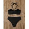 imageSHENHE Womens 2 Piece Halter Swimsuit 3D Flower Appliques Bandeau Tummy Control Bikini SetBlack and White