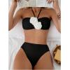 imageSHENHE Womens 2 Piece Halter Swimsuit 3D Flower Appliques Bandeau Tummy Control Bikini SetBlack and White