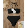 imageSHENHE Womens 2 Piece Halter Swimsuit 3D Flower Appliques Bandeau Tummy Control Bikini SetBlack and White