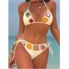 imageSHENHE Womens Beach Holiday Floral Pattern Halter Neck Sexy Bikini Set Crochet Patchwork Beige Medium