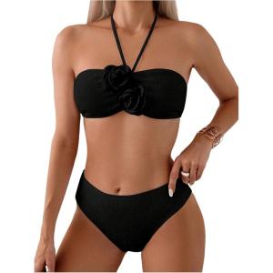 imageSHENHE Womens 2 Piece Halter Swimsuit 3D Flower Appliques Bandeau Tummy Control Bikini SetBlack