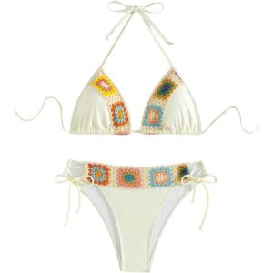 imageSHENHE Womens Beach Holiday Floral Pattern Halter Neck Sexy Bikini Set Crochet Patchwork Beige Medium