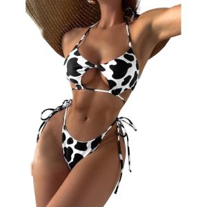 imageSHENHE Womens Cut Out Cow Print 2 Piece Halter Swimsuit High Cut Side Tie BikinisBlack and White