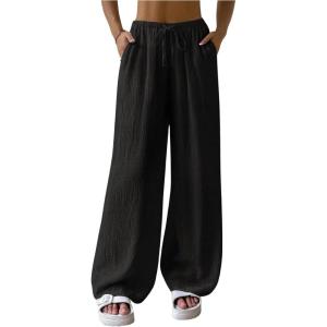 imageSHENHE Womens Drawstring Tie Front Straight Leg Pants Wide Leg Elastic Waist PantsBlack