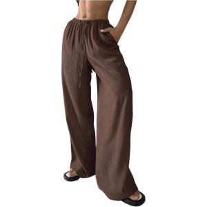 imageSHENHE Womens Drawstring Tie Front Straight Leg Pants Wide Leg Elastic Waist PantsBrown