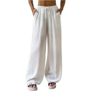 imageSHENHE Womens Drawstring Tie Front Straight Leg Pants Wide Leg Elastic Waist PantsWhite