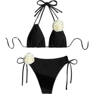 imageSHENHE Womens Halter Swimsuits 2 Piece 3D Flower Bikini Set Triangle Tie Bathing SuitBlack