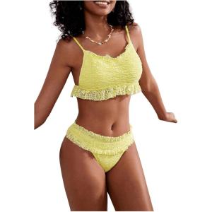 imageSHENHE Womens Lace Bikini Sets Scoop Neck Frilled Smocked Bathing Suit Two Piece SwimsuitYellow