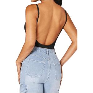 imageSHENHE Womens Open Back Sexy Spaghetti Strap Low Back Summer Backless Cmai BodysuitBlack
