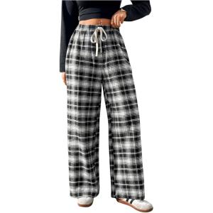 imageSHENHE Womens Plaid High Drawstring Waist Pants Wide Leg Loose Casual Long PantsBlack
