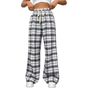 imageSHENHE Womens Plaid High Drawstring Waist Pants Wide Leg Loose Casual Long PantsBlack and White