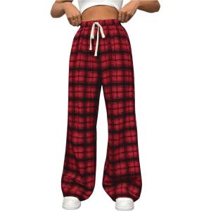 imageSHENHE Womens Plaid High Drawstring Waist Pants Wide Leg Loose Casual Long PantsRed