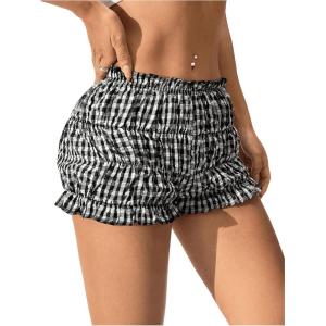 imageSHENHE Womens Y2k Gingham Shorts Ruffle Low Rise Elastic Waist Casual Summer Mini ShortsBlack