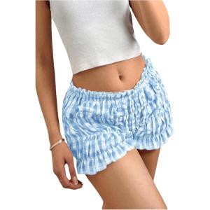 imageSHENHE Womens Y2k Gingham Shorts Ruffle Low Rise Elastic Waist Casual Summer Mini ShortsBlue