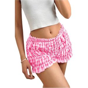 imageSHENHE Womens Y2k Gingham Shorts Ruffle Low Rise Elastic Waist Casual Summer Mini ShortsPink