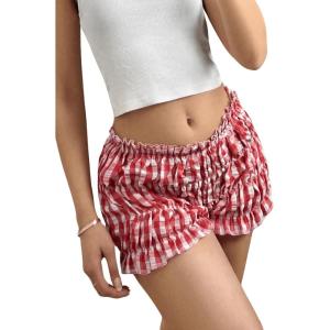 imageSHENHE Womens Y2k Gingham Shorts Ruffle Low Rise Elastic Waist Casual Summer Mini ShortsRed