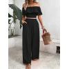 imageSHENHE Womens 2 Piece Outfits Ruffle Off Shoulder Crop Top and Wide Leg Flowy Pants SetBlack