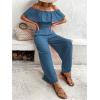 imageSHENHE Womens 2 Piece Outfits Ruffle Off Shoulder Crop Top and Wide Leg Flowy Pants SetBlue
