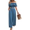 imageSHENHE Womens 2 Piece Outfits Ruffle Off Shoulder Crop Top and Wide Leg Flowy Pants SetBlue