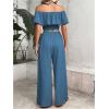 imageSHENHE Womens 2 Piece Outfits Ruffle Off Shoulder Crop Top and Wide Leg Flowy Pants SetBlue