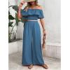 imageSHENHE Womens 2 Piece Outfits Ruffle Off Shoulder Crop Top and Wide Leg Flowy Pants SetBlue