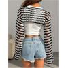 imageSHENHE Womens Crochet Hollow Out Rainbow Striped Color Block Sheer Super Cropped SweaterBlack and White