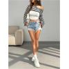 imageSHENHE Womens Crochet Hollow Out Rainbow Striped Color Block Sheer Super Cropped SweaterBlack and White
