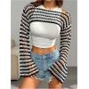 imageSHENHE Womens Crochet Hollow Out Rainbow Striped Color Block Sheer Super Cropped SweaterBlack and White