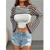 imageSHENHE Womens Crochet Hollow Out Rainbow Striped Color Block Sheer Super Cropped SweaterBlack and White