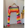 imageSHENHE Womens Crochet Hollow Out Rainbow Striped Color Block Sheer Super Cropped SweaterMulticolor