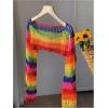 imageSHENHE Womens Crochet Hollow Out Rainbow Striped Color Block Sheer Super Cropped SweaterMulticolor