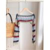imageSHENHE Womens Crochet Hollow Out Rainbow Striped Color Block Sheer Super Cropped SweaterMulticolor Green Blue