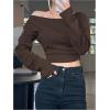 imageSHENHE Womens Off The Shoulder Long Sleeve Plain T Shirt Basic Cropped Tee Casual TopBrown