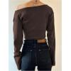 imageSHENHE Womens Off The Shoulder Long Sleeve Plain T Shirt Basic Cropped Tee Casual TopBrown