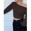imageSHENHE Womens Off The Shoulder Long Sleeve Plain T Shirt Basic Cropped Tee Casual TopBrown