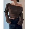 imageSHENHE Womens Off The Shoulder Long Sleeve Plain T Shirt Basic Cropped Tee Casual TopBrown