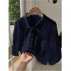 imageSHENHE Womens Oversized Button Down Short Sleeve Shirt Textured Collared Crop Top BlouseDark Blue