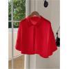 imageSHENHE Womens Oversized Button Down Short Sleeve Shirt Textured Collared Crop Top BlouseRed