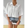 imageSHENHE Womens Oversized Button Down Short Sleeve Shirt Textured Collared Crop Top BlouseWhite