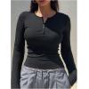 imageSHENHE Womens Ribbed Long Sleeve Henley T Shirts Button Down Slim Fit Basic Tee TopBlack