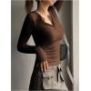 imageSHENHE Womens Ribbed Long Sleeve Henley T Shirts Button Down Slim Fit Basic Tee TopCoffee Brown
