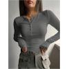imageSHENHE Womens Ribbed Long Sleeve Henley T Shirts Button Down Slim Fit Basic Tee TopDark Grey