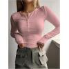 imageSHENHE Womens Ribbed Long Sleeve Henley T Shirts Button Down Slim Fit Basic Tee TopLight Pink