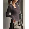 imageSHENHE Womens Ribbed Long Sleeve Henley T Shirts Button Down Slim Fit Basic Tee TopMocha Brown