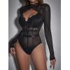 imageSHENHE Womens Stand Collar Contrast Lace Long Sleeve Cut Out Mesh BodysuitBlack