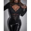 imageSHENHE Womens Stand Collar Contrast Lace Long Sleeve Cut Out Mesh BodysuitBlack