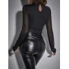 imageSHENHE Womens Stand Collar Contrast Lace Long Sleeve Cut Out Mesh BodysuitBlack