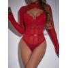 imageSHENHE Womens Stand Collar Contrast Lace Long Sleeve Cut Out Mesh BodysuitRed