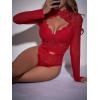 imageSHENHE Womens Stand Collar Contrast Lace Long Sleeve Cut Out Mesh BodysuitRed